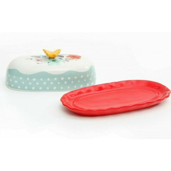 Pioneer Woman Flea Market Butterfly Butter Dish Stoneware Floral Lid Red Base - Picture 2 of 3